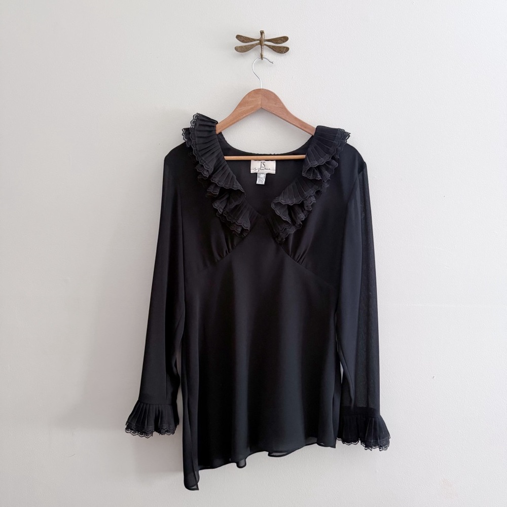 Vintage Lace Ruffle Black Peasant Blouse size 12